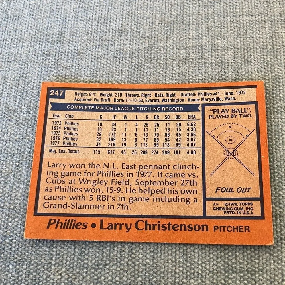 1978 Topps Philadelphia Phillies Baseball Card Trading Card